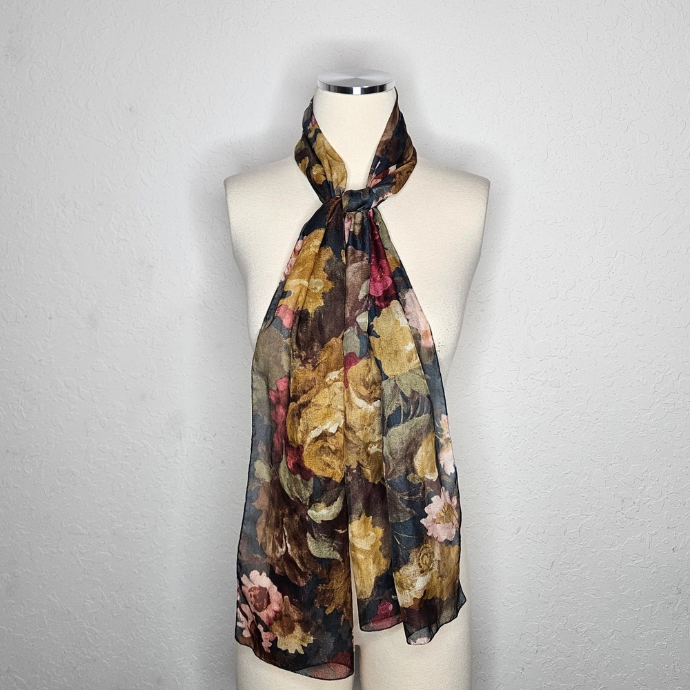 Romantic Floral Chiffon Scarf Sheer Watercolor Roses Lightweight Wrap Shawl‎